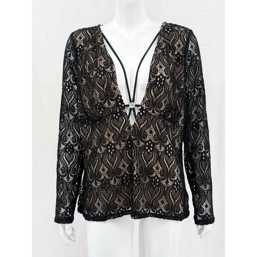 Venus Top Womens 1X Black Lace Lined Deep V Plunge Y2K Whimsigoth Fairy Grunge